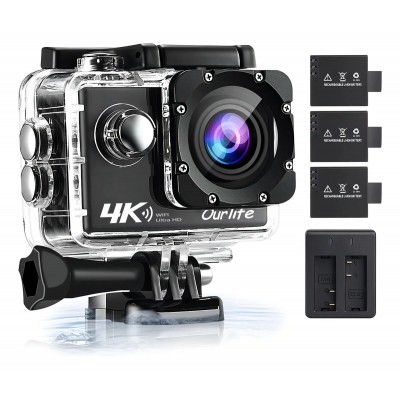 Cámara de Acción Ourlife AT-Q1 4k 30fps Wifi Color Negro con 3 Baterías